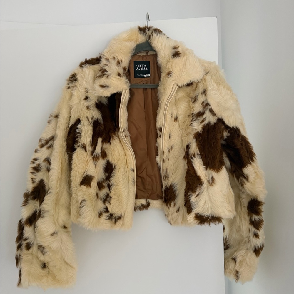ZARA Cream & Brown Faux Fur Teddy Jacket
